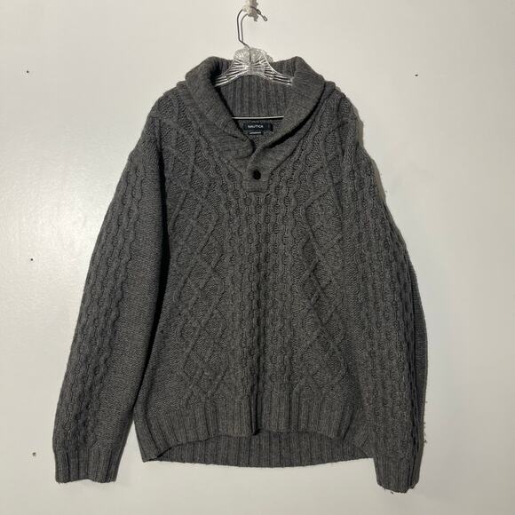 Nautica Hand Knit 100% Lambs Wool Gray Fisherman Sweater Men’s Size XXL - Picture 1 of 7